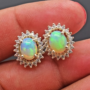 Natural Ethiopian Opal gemstone silver Earring, Genuine Opal Stud Earring, 925 Silver Stud Earring, Engagement Girls Earring, Opal Earring