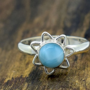 Larimar Gemstone Ring: Handmade 925 Sterling Silver, Round Blue Stone
