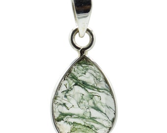 Sterling Silver Moss Agate Necklace: Emerald Cut Gemstone Pendant