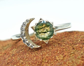 Natural Moss Agate Gemstone Ring, Green Moss Agate Silver Ring, Wedding Moss Agate Ring, Moss Agate Gemstone Silver Ring, Moss Agate Ring