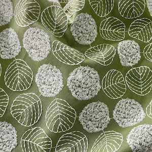 Green Cotton Linen Embroidery Floral Fabric, Embroidered Leaf Countryside Style Fabric, Diy Sewing Craft Fabric, by the yard