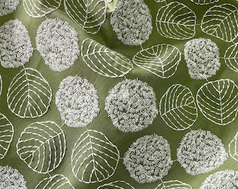 Green Cotton Linen Embroidery Floral Fabric, Embroidered Leaf Countryside Style Fabric, Diy Sewing Craft Fabric, by the yard