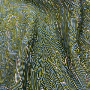 Green 3D Ocean Waves Silk Rayon Jacquard Brocade Fabric, Designer Fabric For Dresses, Skirts, Upholstery, Sewing Fabric For Fashion Work