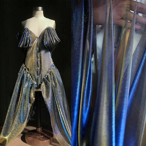 Iridescent Gold Blue Metallic Mesh Fabric,2Way Stretch Soft Smooth Retro Lace,Halloween Cloak,Festo,Laser Gradient Mesh Cloth for Cosplay