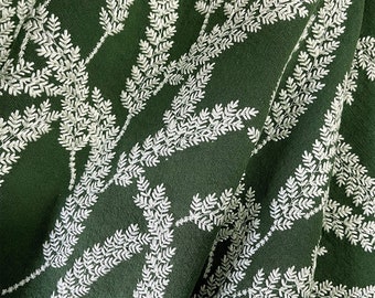 Green Premium Linen Leaves Embroiderd Fabric,Floral Fabric,Embroidered Fabric,Dress Fabric,Designer Fabric,Fabric By Yard,Plant Fabric