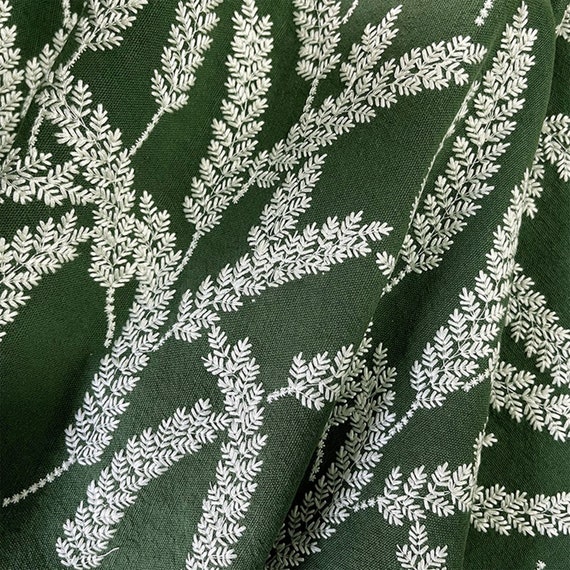 Green Premium Linen Leaves Embroiderd Fabric,Floral Fabric,Embroidered Fabric,Dress Fabric,Designer Fabric,Fabric By Yard,Plant Fabric