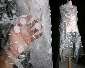 Off white 3D Wedding Lace Fabric, Bridal Floral Embroidery Tulle Lace Fabric,Embroidered Mesh Lace Fabric For Girl Dress,Bridal Veil