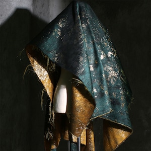 Vintage Luxury Dark Green Gold Jacquard Fabric, Two-sided Gold Petal Shimmer Brocade Fabric For Upholstery Designer Fabric