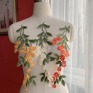Green Vine Embroidery Lace Applique Motif Forest Leaves Daisy Patches Appliques Sewing on Wedding Bridal Evening Dress Gown