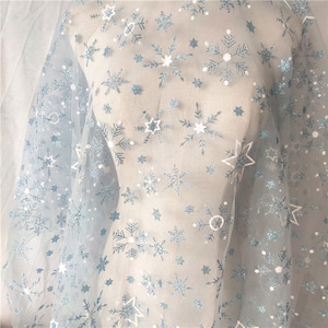 Glitter print light blue tulle star snowflake gradient tulle lace fabric for DIY girls bady dress, hair accessories,cosplay prom dresses