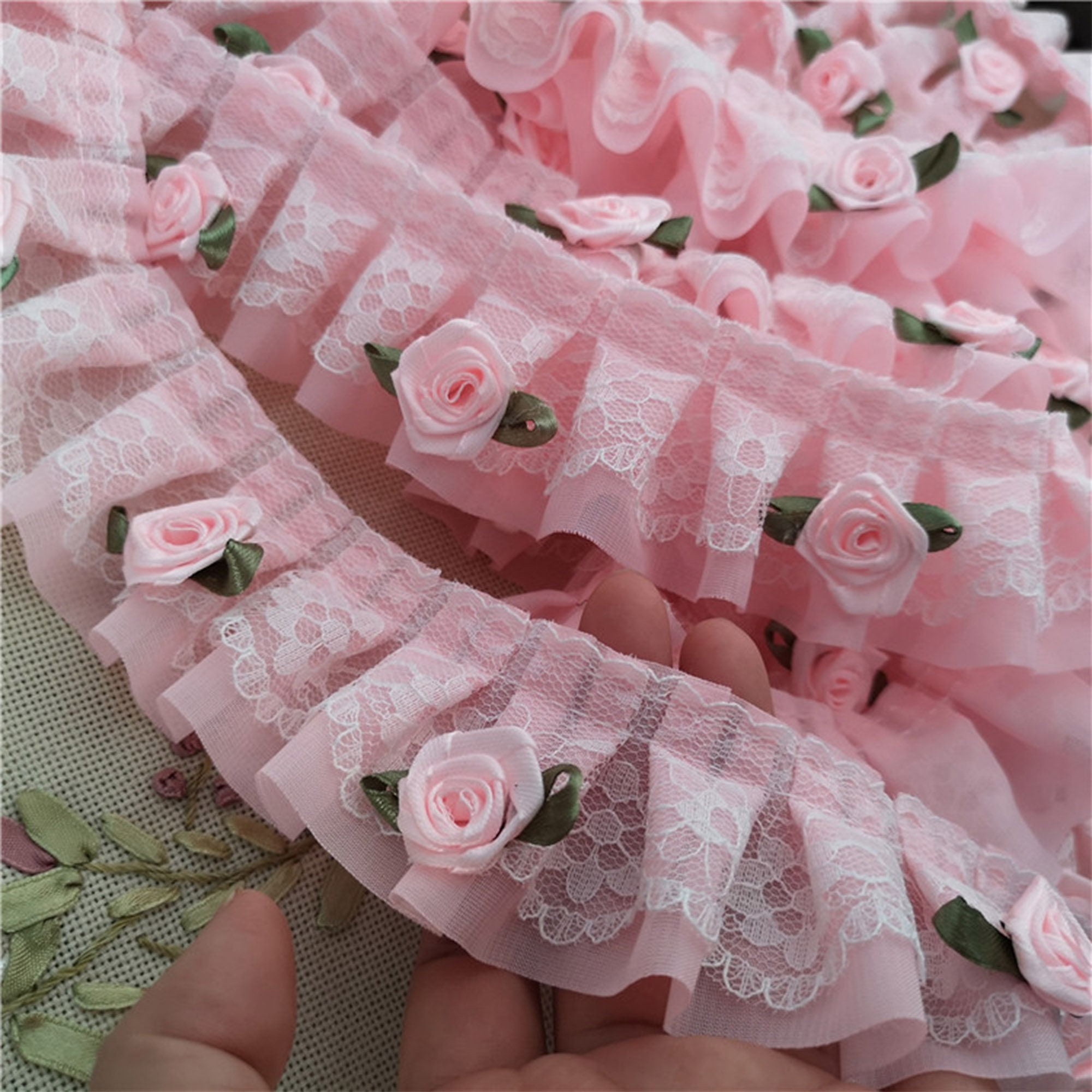 3d rose Lace trim flower pink chiffon lace tutu tulle pleated ruffled Floding Lolita Lace wedding lace bridal lace dress fabric veil lace