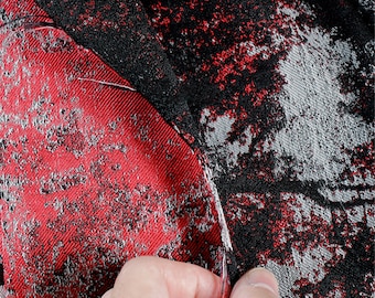 Red Black Jacquard Brocaded Fabrics, Vintage Two-sided Design Fabric, Retro Fabric, Dust Coat Fabric,Polyester Fabric,Designer Fabric