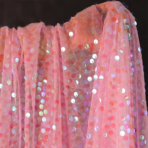 Shimmery Iridescent Pink Round Sequin Tulle Fabric Gradient Sequins Laser Mesh Fabric Paillette Fabric For Dance Dress Party Dress Costume