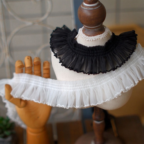 White Organza Pleated Ruffle Elastic Lace Trim, Chiffon Ruffle Trim, Black Trim, Ruffle Trim, Organza Ruffle Trim, Elastic Trim,Sewing Craft