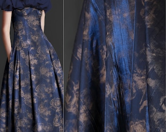 Sapphire Blue Gilding Rose Wrinkled Satin Fabric,Cotton Fabric,Soft and Smooth Well Draped Fabric,Summer Dress,Wedding Dress,Curtain,Costume