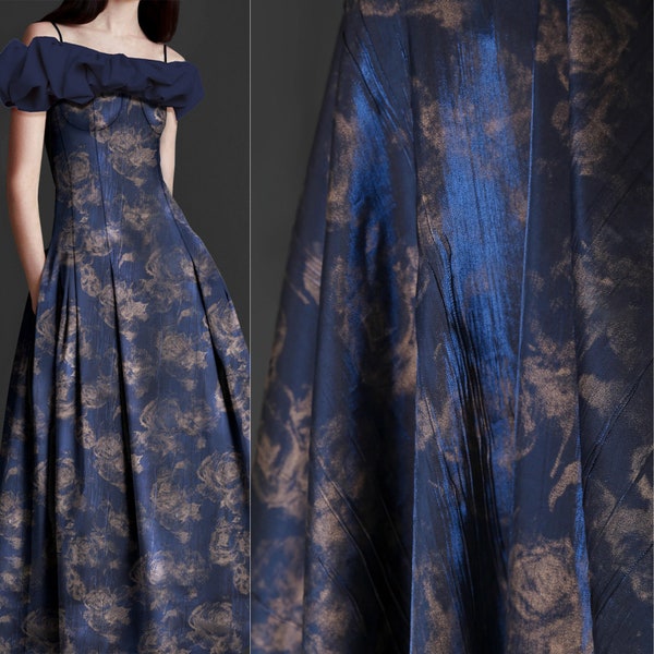 Sapphire Blue Gilding Rose Wrinkled Satin Fabric,Cotton Fabric,Soft and Smooth Well Draped Fabric,Summer Dress,Wedding Dress,Curtain,Costume