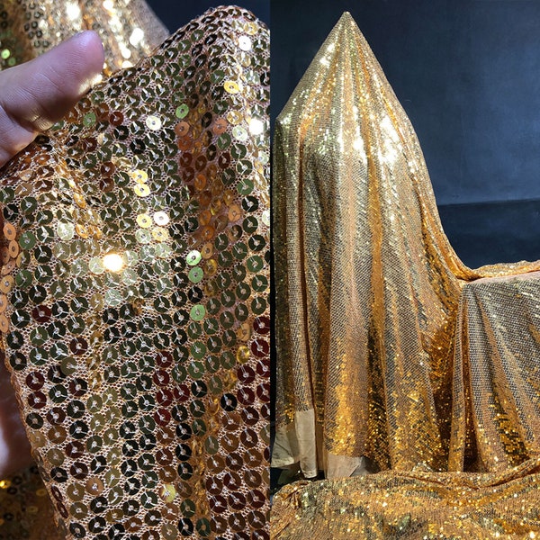 Gold Sequin Fabric,Glitters Full Sequins, Embroidered Gold Sequin on Mesh Fabric, Party Dress, Table Deco Sequins Fabric Sold by Yard