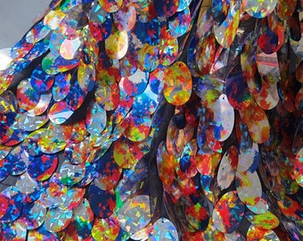 Tela de malla con lentejuelas iridiscentes en forma de lágrima ovalada, tela con lentejuelas de sirena, tela para vestidos de alta costura, vestidos de festival, vestidos de niña