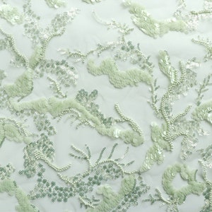 Green Sequins Flower Lace Fabric Heavy Beaded Embroidery Tulle Fabric For Evening Dress, Gowns, Wedding Dress,Party Dress