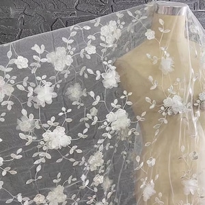 3D Floral Gestickte Weißer Spitze Stoff Weicher Tüll Stoff Für Hochzeitskleid Brautschleier Spitzenstoff Brautkleid Event Kleid Abendkleid