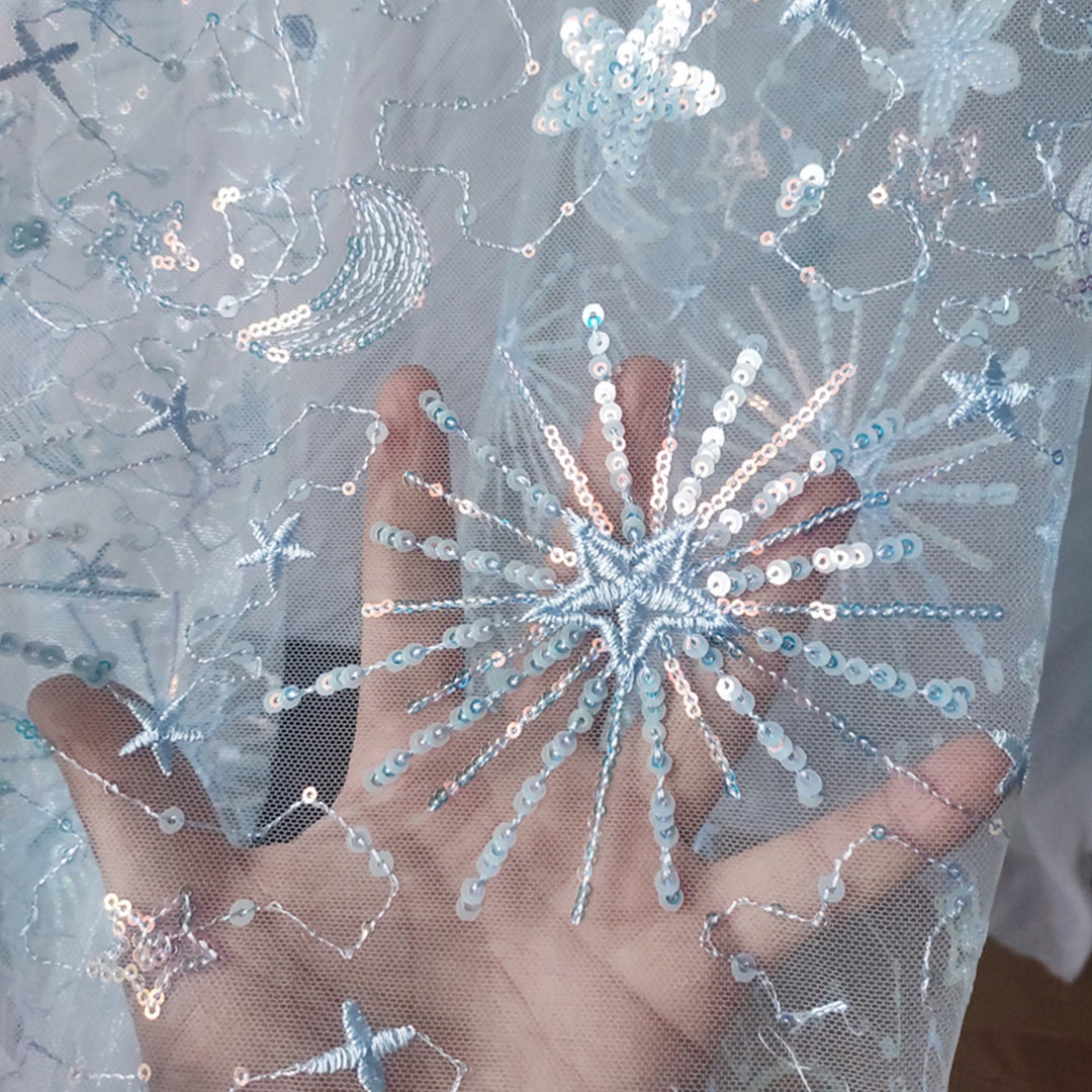 7colors Blue Sequin Snowflake Embroidery Lace Fabric Star Moon Soft