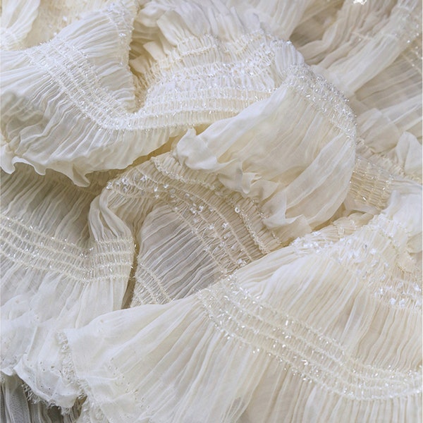 Pleated Chiffon Fabric, Striped Chiffon Lace Fabric, Ruffle Elastic Chiffon Fabric for Wedding Dress, Bridal Top, Home Decor,Summer Dress