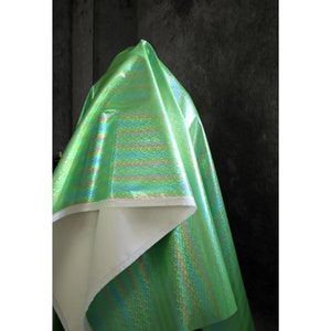 Peut inclure: Un tissu vert iridescent avec un dos blanc. Le tissu a un léger chatoiement et une surface texturée.