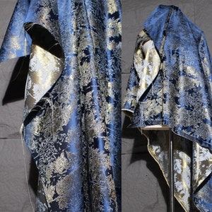 Blue Golden Maple Jacquard Brocaded Fabrics,Dust Coat Fabric,Shimmer Brocade Fabric for Curtain,Upholstery,Dress Fabric,Prom Dress,Costume