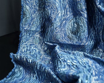 Telas brocadas de jacquard floral azul, tela de diseño de relieve, telas irregulares 3D, tela plegable, tela de capa de polvo, tela de vestido, tela de diseñador