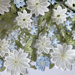 Green White Hollow Out Lace Fabric, Vintage Embroidered Floral Lace Patch Fabric, Bridal Wedding Dress Fabric Fashion Couture