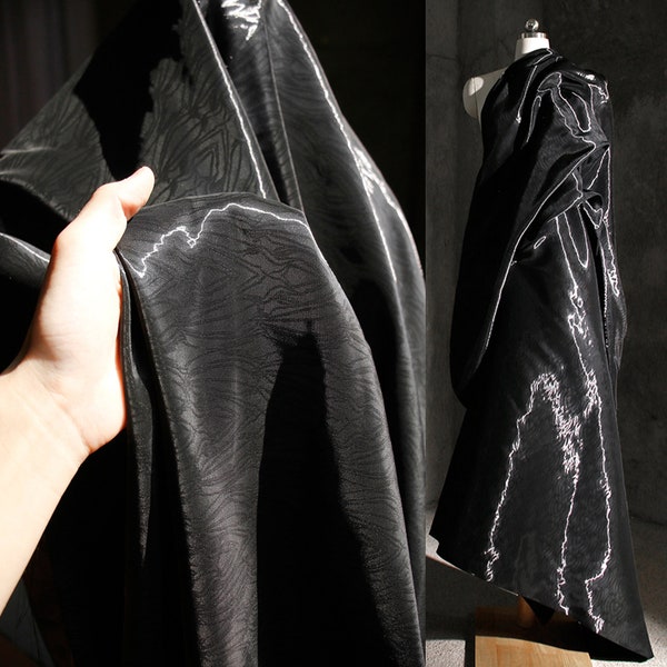 Ultra-gloss Black Crystal Silk-satin Fabric, Wave Metallic Luster Fabric, Dark Liquid Vintage Fabric,Bag, Jacket,Outfit Fabric,Costume