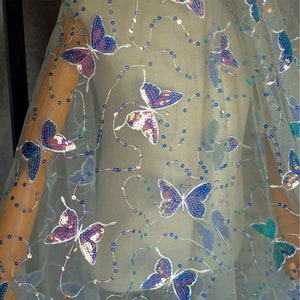 4Colors Sequin Butterfly Embroidery Lace Fabric Soft Tulle for Cocktail Dress, Gowns, Bridal Veil, Haute Couture,Costume