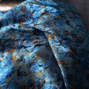 Metallic Blue Jacquard Brocaded Fabrics,Oil Painting Pattern Designer Fabric For Dresses, Skirts,Jacket,Upholstery,Curtain Fabric,Home Decor