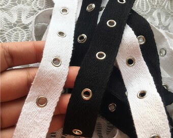 20mm Eyelet Trim/Metal Grommet /Eyelet Tape / Black Cotton Ribbon with Silver Holes for bustier, lacing, Gothic style