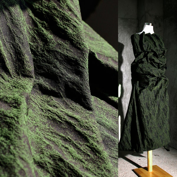 Moss Green Black Jacquard Brocaded Fabrics, Bump Design Fabric, 3D Irregular Fabrics, Fold fabric, Dust Coat Fabric,Designer Fabric