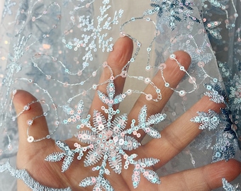 Blue Sequin Snowflake Embroidery Lace Fabric in Soft Tulle for Cocktail Dress, Gowns, Bridal Veil, Haute Couture,Masquerade,Costumes