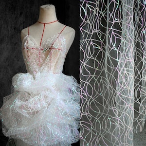 Glittery Gradient Sequins Lace Fabric With Iridescence Wave Pattern In Off White For Bridal Veil, Baby Dress, Party Decor, Backdrop