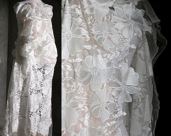 French Embroidery Lace Fabric in Off White, Soft Floral Tulle Lace fabric, Sheer Tulle Fabric For Wedding Gown,Bridal Lace Fabric,Home Decor