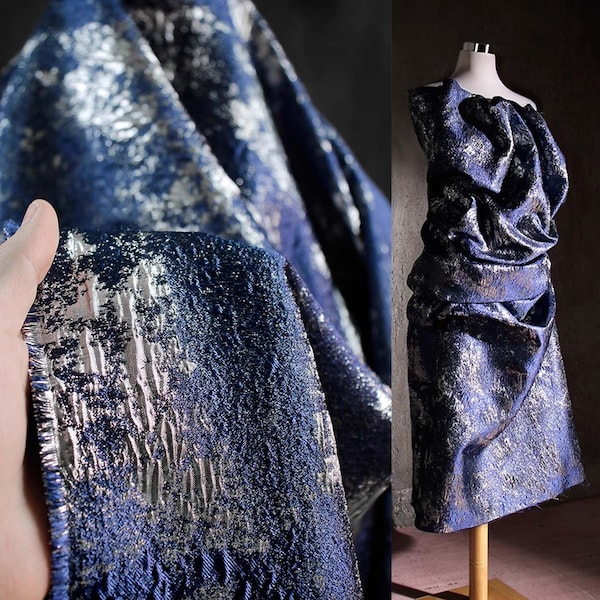 Tissu jacquard bleu marine vintage de luxe, tissu de brocart scintillant argenté rétro pour robe, robes, tapisserie d'ameublement, haute couture, rideau, couture bricolage