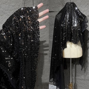 Zwarte paillettenstof, glitters volledige pailletten, geborduurde zwarte pailletten op mesh stof, feestjurk, tafeldeco pailletten stof verkocht op maat gesneden