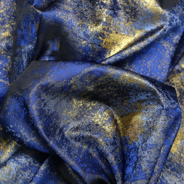 Luxury Vintage Navy Blue Gilt Bronze Jacquard Satin Fabric,Retro Gold Shimmer Brocade Fabric For Gown,Dress,Haute Couture,Drapery,Curtain