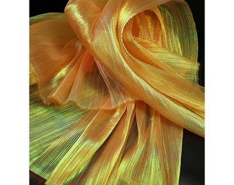 Iridescence Metallic Crinkled-textured Pleated Organza Fabric,Designer Fabric,Wedding, Gowns, Crafts, Events, Stiff Shape and Texture Fabric