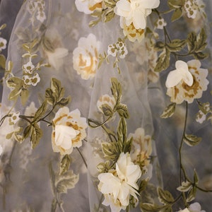 Apricot Organza Printed Floral Lace Fabric 3D Rose Chiffon Flower Trim for Wedding Dress, Couture Design, Spring Dress