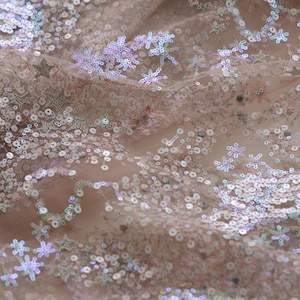 Pink Embroiderey Flower Sequin Fabric,Wedding Dress,Iridescent Sequin Dress Fabric,Colorful Heart Lace Fabric,3D Flower Sequin Prom Dress