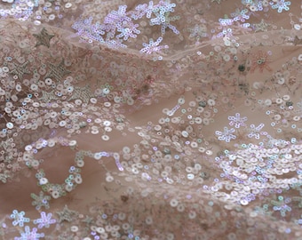 Pink Embroiderey Flower Sequin Fabric,Wedding Dress,Iridescent Sequin Dress Fabric,Colorful Heart Lace Fabric,3D Flower Sequin Prom Dress
