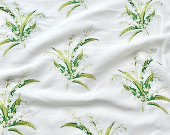 Lily Of the Valley Flowers Embroidered Linen Blend Fabric Vintage Botanical Floral Plants Linen Clothing Upholstery DIY Sewing Fabric