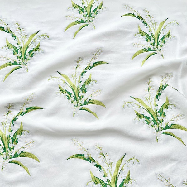 Lily Of the Valley Flowers Embroidered Linen Blend Fabric Vintage Botanical Floral Plants Linen Clothing Upholstery DIY Sewing Fabric