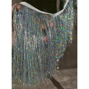 Frangia iridescente, frangia con ciondolo a goccia, frangia con nappa, frangia con nappa in argento, fai da te per costumi da festa, decorazione a forma di lampada per la casa
