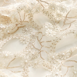 Scalloped Edge Pearl Beaded Bridal Lace Fabric Floral Lace Vintage Bridal Veil Wedding Dress Fabric Embroidery Sequin Mesh Fabric,Prom Dress