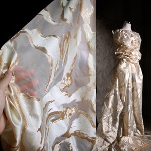Cream Gold Jacquard Lace Fabric, Exquisite Glitter Brocade Tulle,Damask Fabric For Upholstery, Dress DIY Fabric